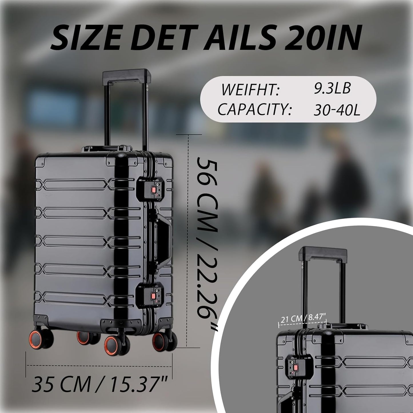 Tmore Aluminum Frame Luggage with Spinner Wheels, with TSA Locks Hard Shell Suitcase, Business 20" Black Small