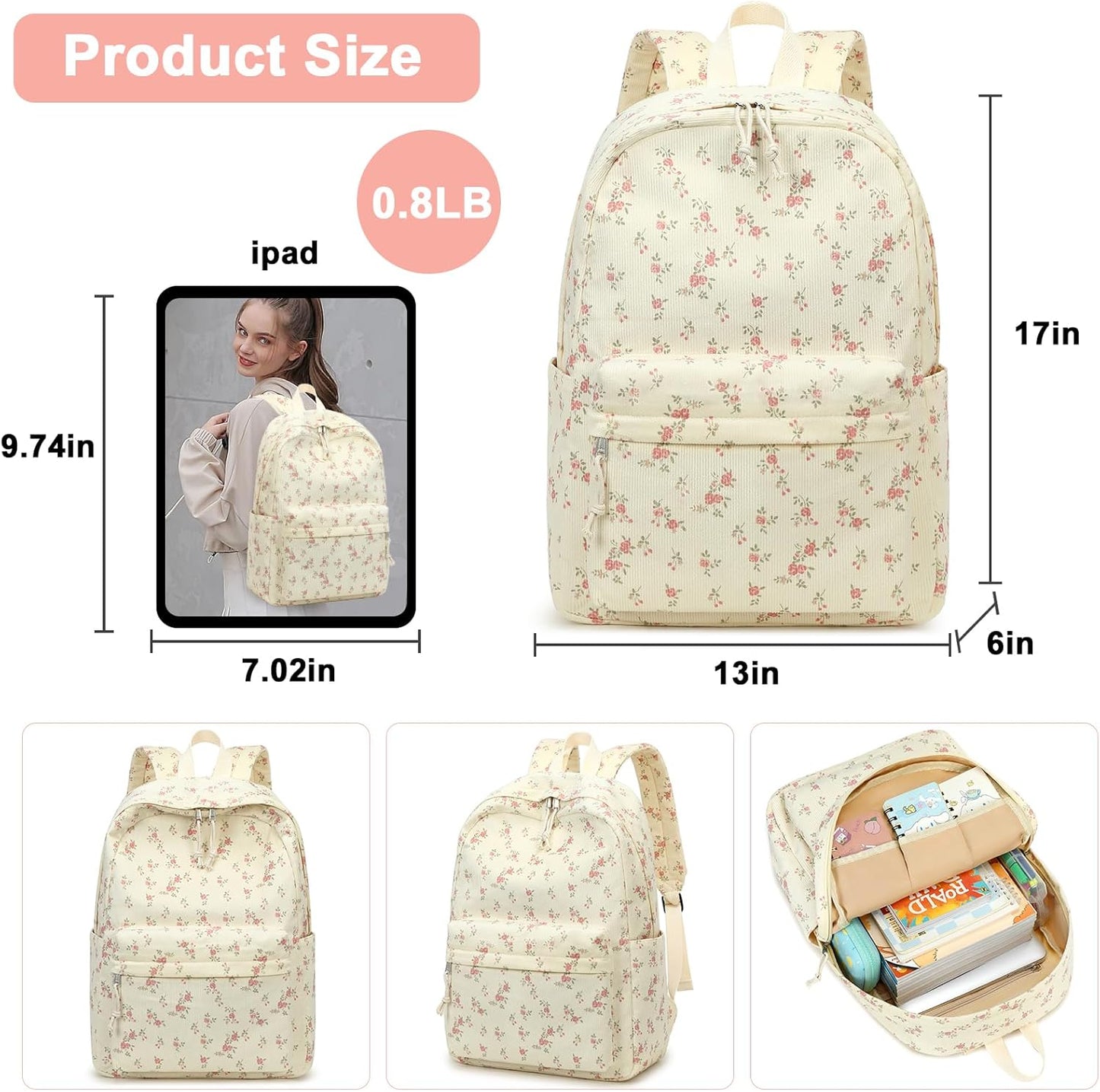 School Backpack for Teen Girls Bookbags Elementary High School Corduroy Laptop Bags Women Travel Daypacks