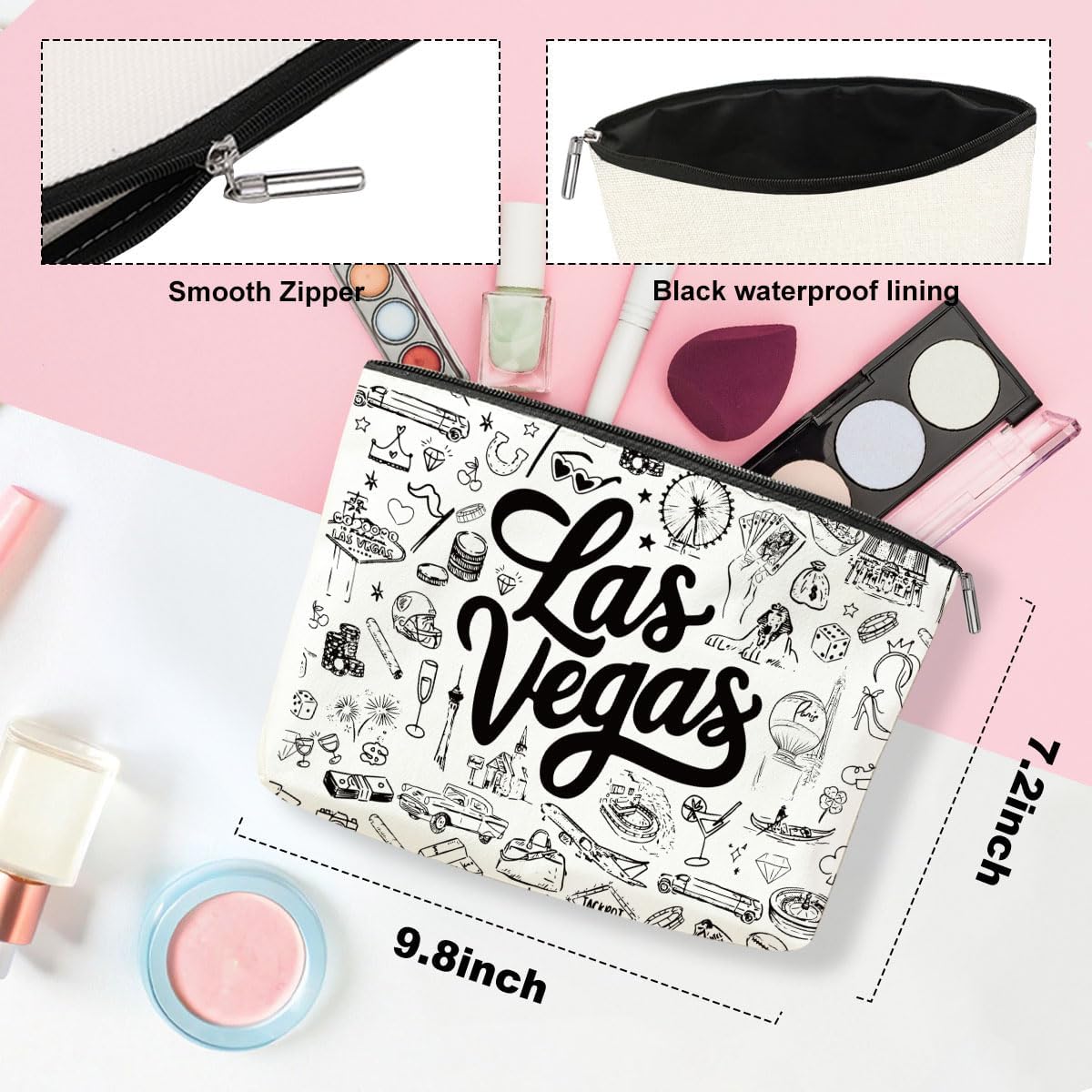 4PCS Las Vegas Souvenir Las Vegas Gifts Makeup Bag Cosmetic Bag for Women Friend Lady Sister Bestie Las Vegas Travel Lover Weekend Bag Vacation Christmas Birthday Friendship
