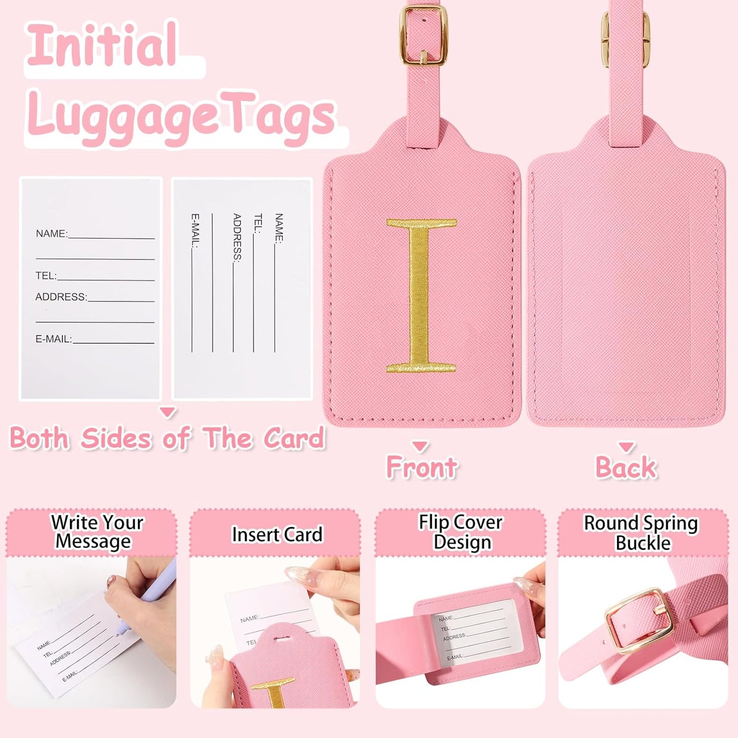 Initial Letter Luggage Tags for Suitcases, Embroidered Monogrammed Suitcase Luggage Identifier Name Tag, PU Leather TSA Approved Luggage Tags, Bag Tags for Men Women Kids Luggage Handbags(Pink I)