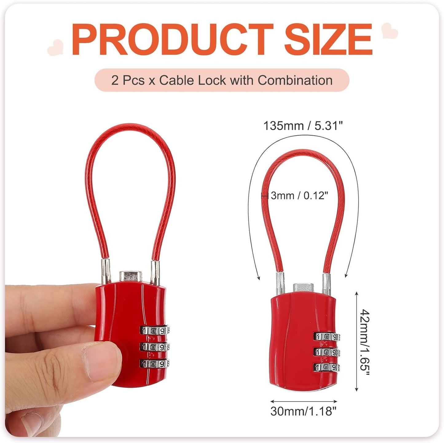MECCANIXITY 2 Pcs Luggage Travel Lock, 3 Digit Cable Combination Lock 1-3/16" Width Body with 5" Long Cable for Suitcase Bag Cabinets Small Fences Gym, Red