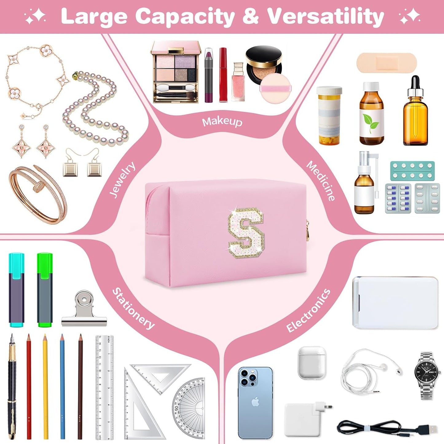 Small Personalized Initial A-Z Patch Makeup Bag,Pink Cute PU Leather Glitter Letter Cosmetic Bag for Teen Girls,Travel Toiletry Bag with Zipper,Preppy Monogrammed Birthday Gift for Daughter Niece S