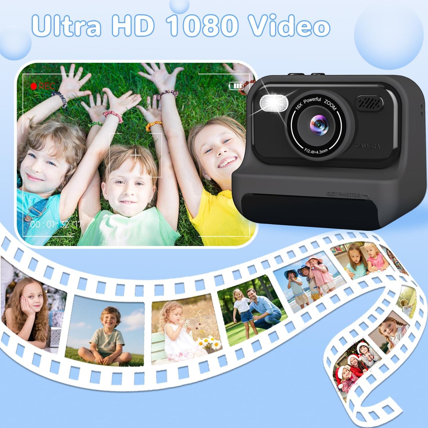 Instant Print Camera for Kids,2.4 Inch Screen Kids Instant Cameras, Christmas Birthday Gifts for Girls Age 3-12, Portable Toddler Toy for 3 4 5 6 7 8 9 10 Year Old Girls Boys，Black