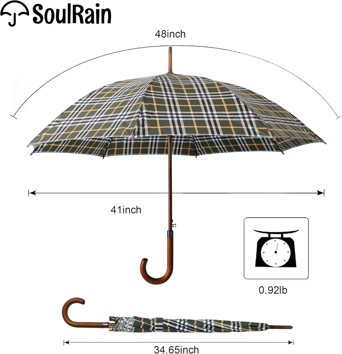 SoulRain 48" Large Umbrella –Windproof Stick Umbrellas for Rain, Automatic Open, Vintage Cane big Umbrella with Classic Wooden Handle,Open for 2 Persons adult,for Women & Men(Green Yellow plaid)