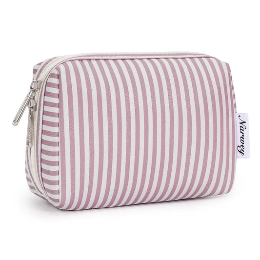 Narwey Small Striped Makeup Bag for Purse Mini Cosmetic Bag Travel Makeup Pouch Zipper Pouch Cute Make up Bags with Compartments for Women Girls (Dusty Rose Stripe, Small)