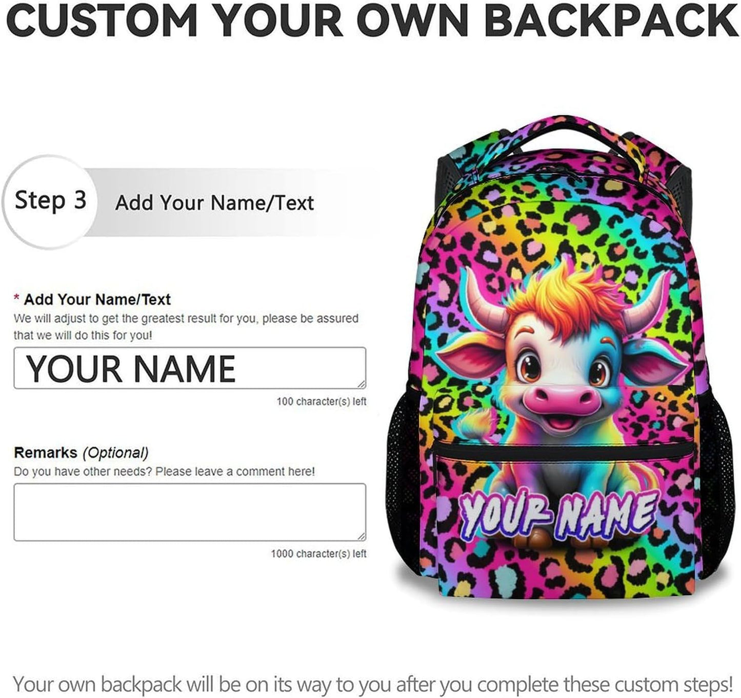 Custom Backpack for Girls - 17 Inch Cute Cow Backpack for Kids Children - Rainbow Cow Print