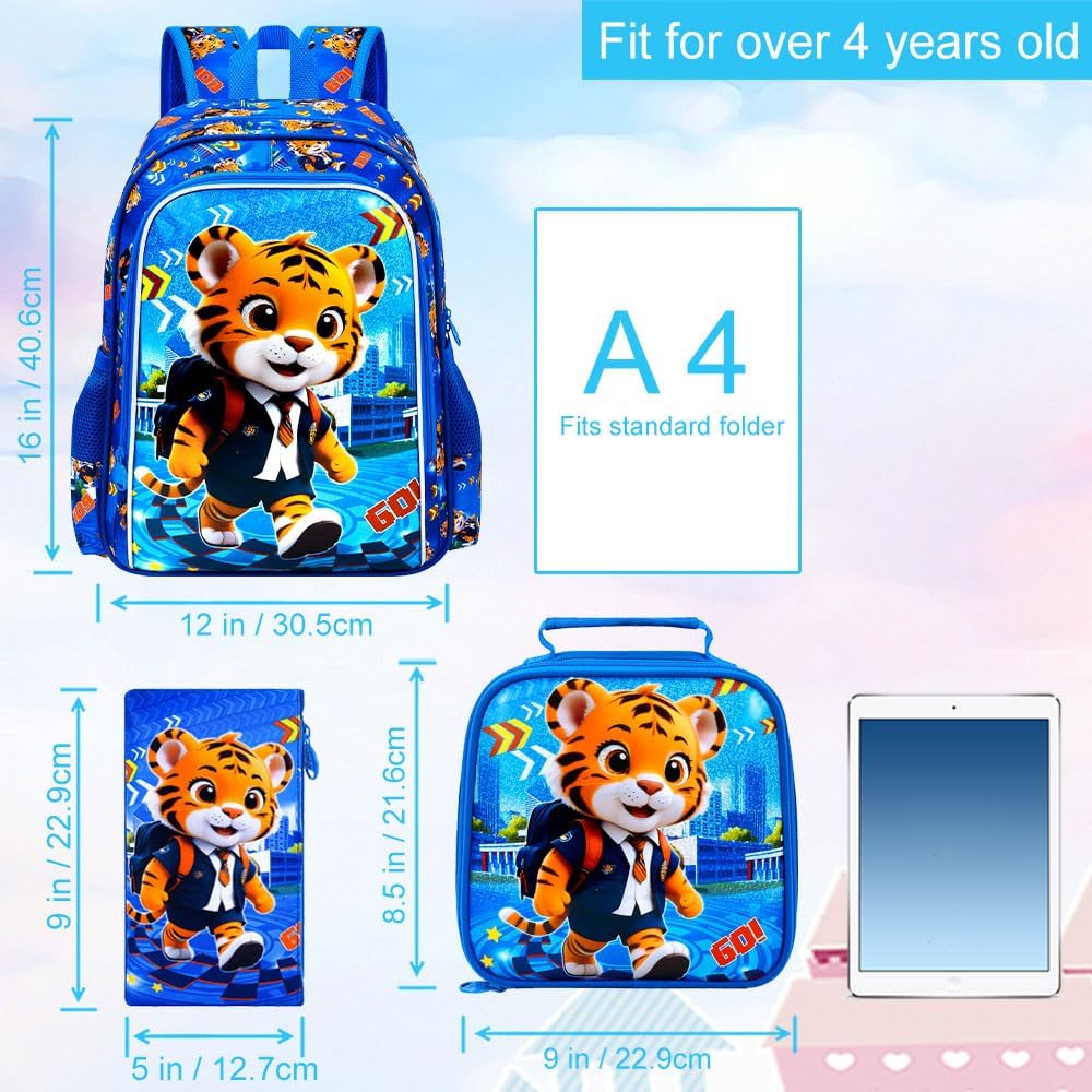 3PCS Dinosaur Backpack for Boys, 16 Inch Kids Water Resistant Preschool Elementary Kindergarten Bookbags and Lunch Box