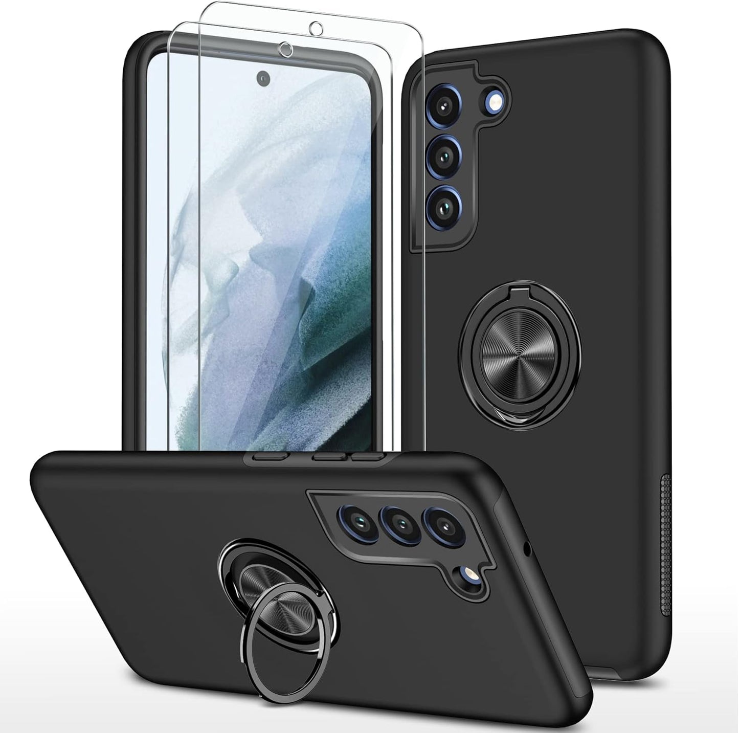 for Galaxy S21 FE 5G Case with Nano Explosion-Proof Film - 2 Pack Military Grade Double Shockproof Invisible Kickstand Case - Black