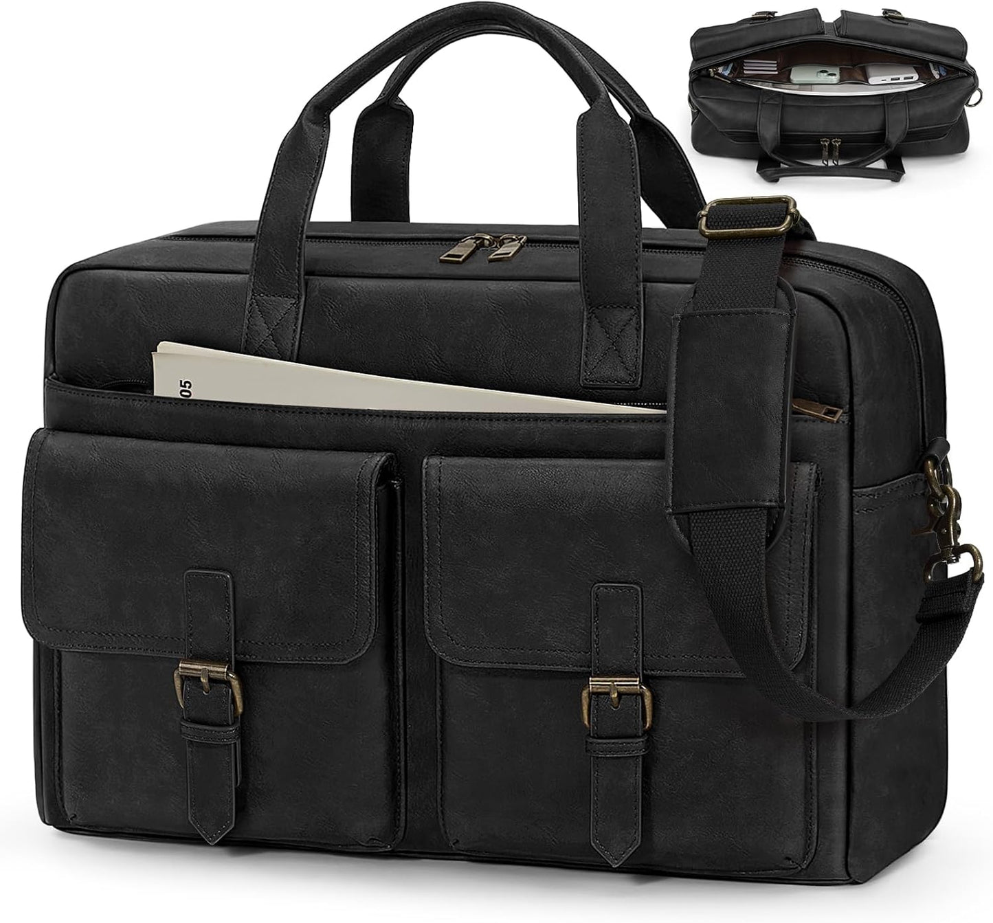 RAINSMORE Messenger Bag for Men 16 Inch Leather Laptop Bags Work Computer Briefcase Vintage Mens Satchel Shoulder Bag for Work, Office, Business, Travel, Black