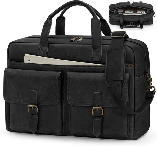 RAINSMORE Messenger Bag for Men 16 Inch Leather Laptop Bags Work Computer Briefcase Vintage Mens Satchel Shoulder Bag for Work, Office, Business, Travel, Black
