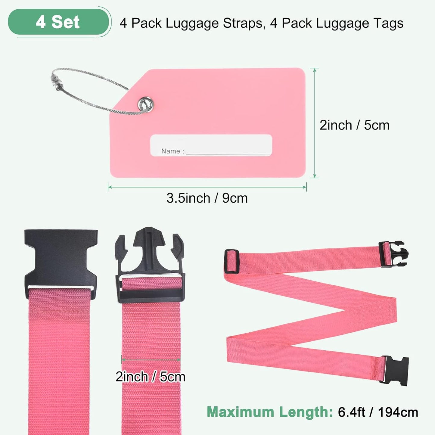 4-Sets Luggage Straps TSA Approved, Travel Straps for Luggage Suitcase Tags Set, Adjustable Suitcase Belt [Pink]