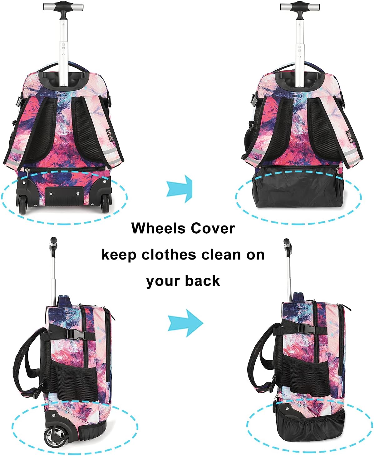Tilami Rolling Backpack 19 inch Wheeled Cute LAPTOP Boys Girls Travel School Student Trip (Pink)