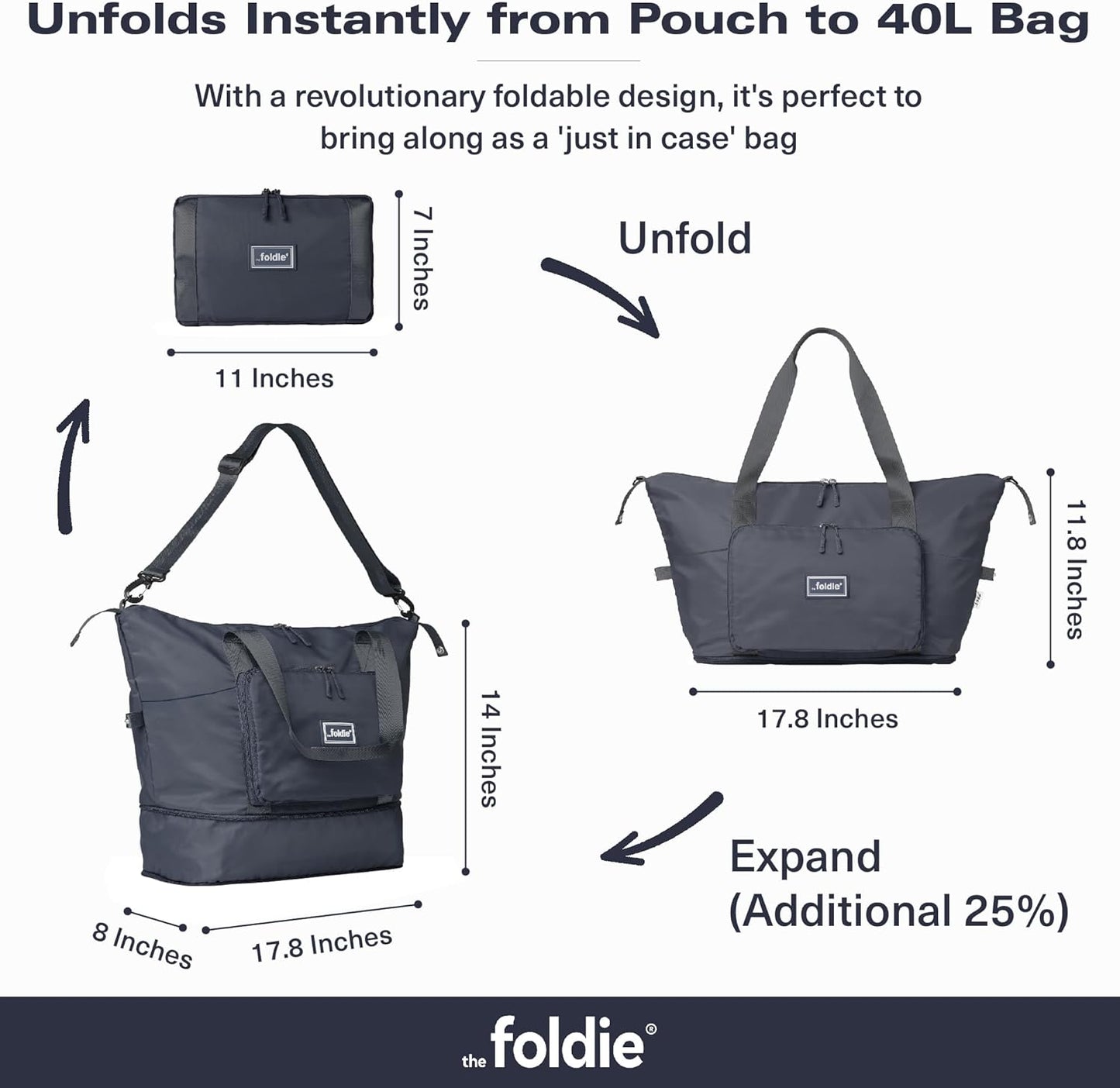 The Foldie Foldable Travel Bag for Women - 40L Weekender Bag with Multiple Pockets - Carry On Expendable Travel Bag