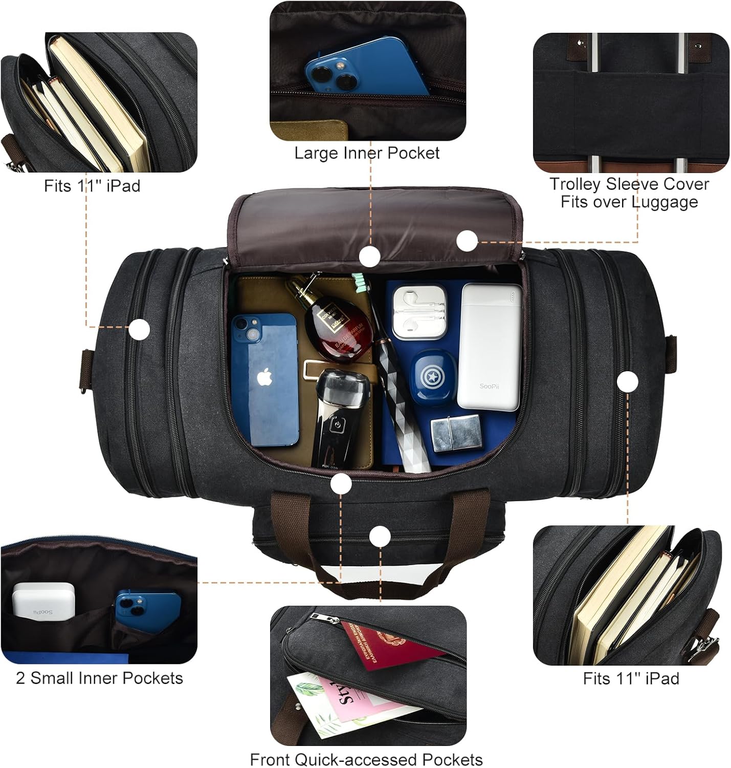 Litvyak Duffle Bag for Travel, 50L Canvas Travel Duffel Bags Overnight Weekend Gym Carry On Luggage