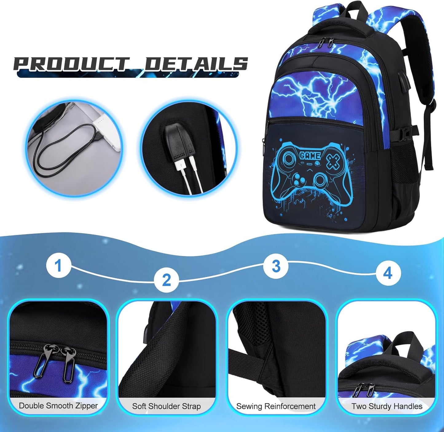 Boys Backpack for School, 3PCS Cool Luminous Gamer Backpack for Boys with Lunch Box Pencil Case, Kids Backpacks Bookbag for Teen Boy Elementary Middle High School with USB Charging Port