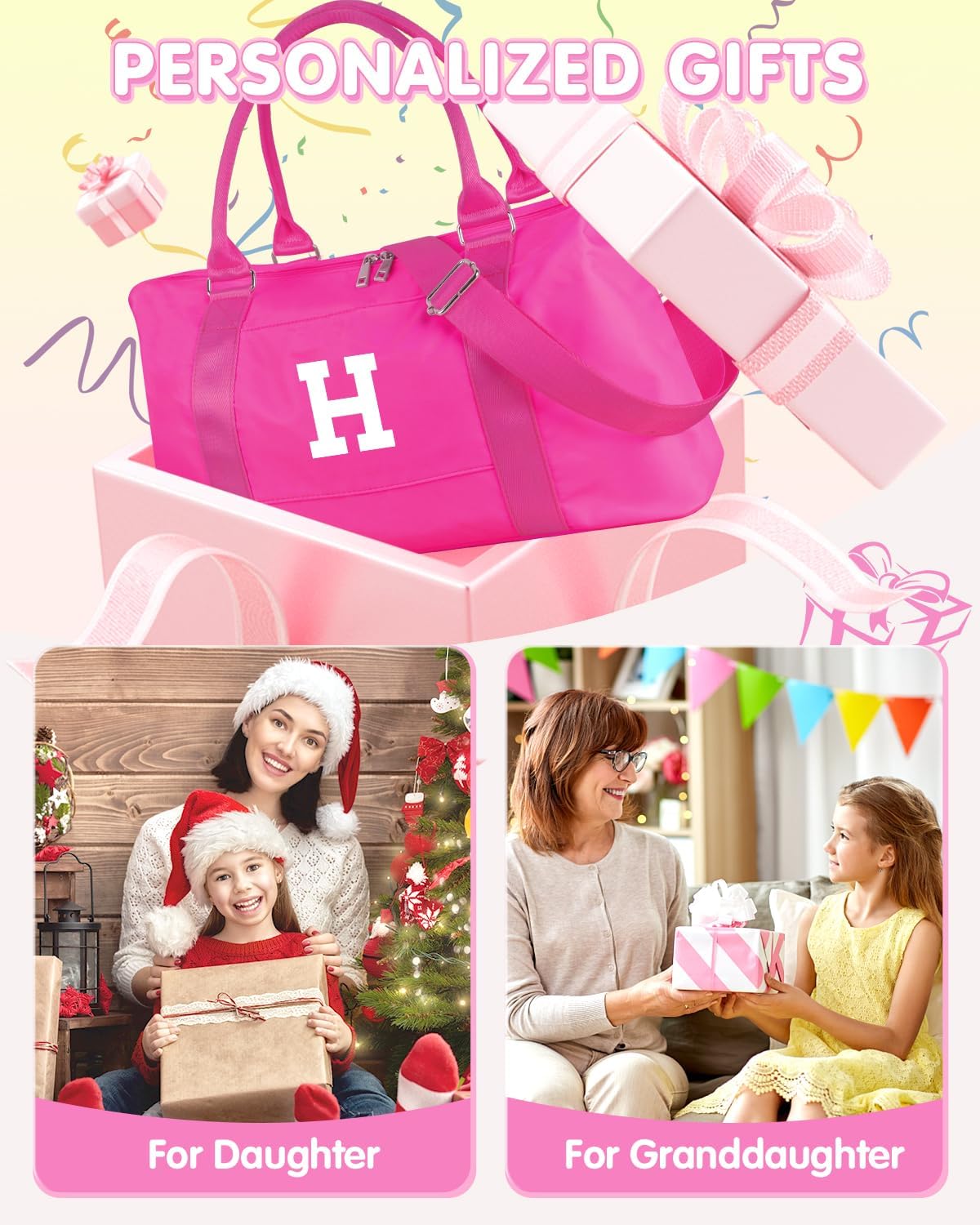 Overnight Bag for Kids Teen Girls Weekender Dance Bag Birthday Graduation Gifts,Initial Travel Duffel Bag Sports Gym Bag Personalized Weekender Bag Carry On Bags Preppy Gifts for Women(Hot Pink, H)