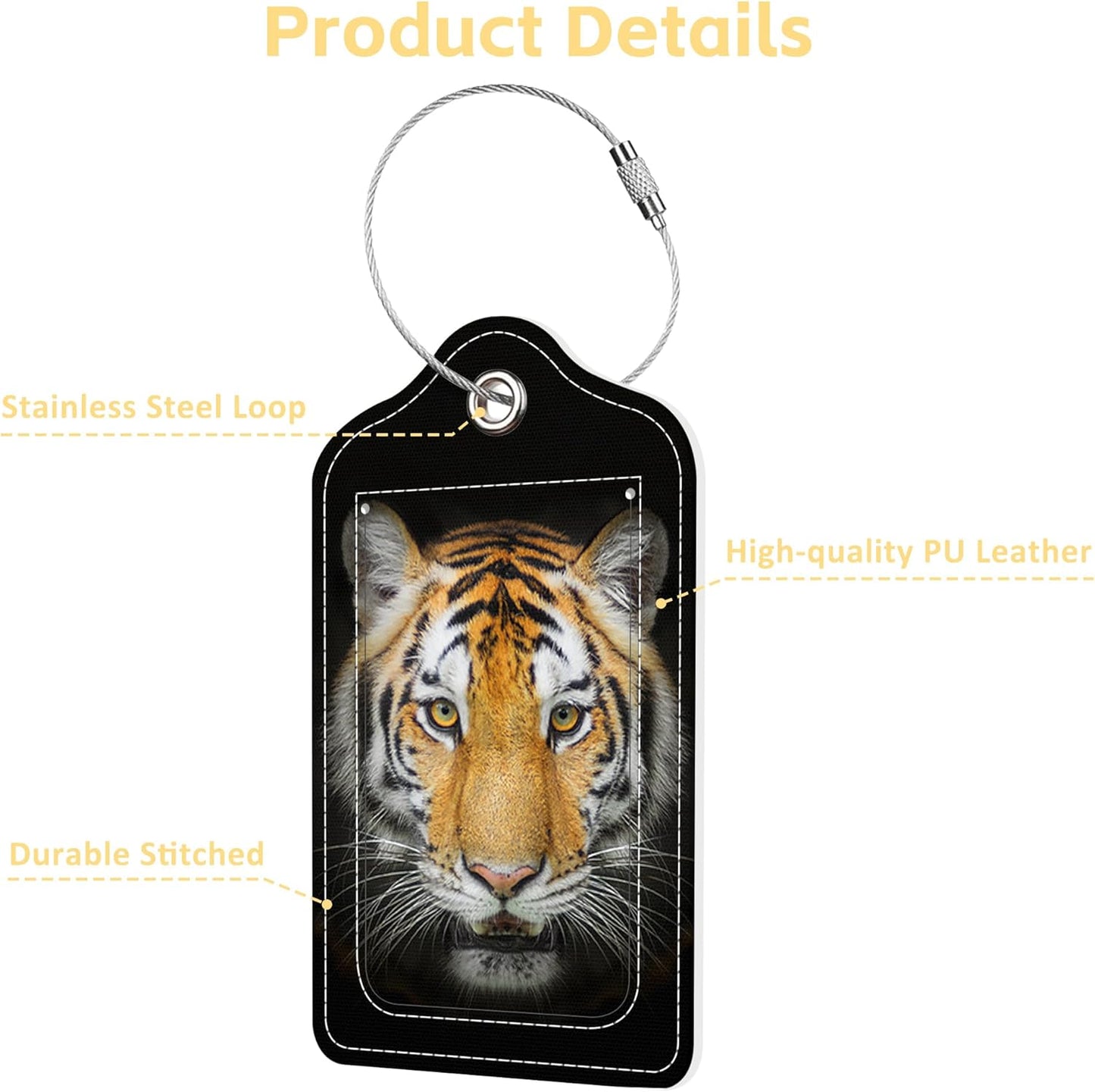 Set of 2 Luggage Tags Tiger Face Leather Suitcases Tag with Privacy Cover Stainless Steel Loop and Address Card for Women Men Travel