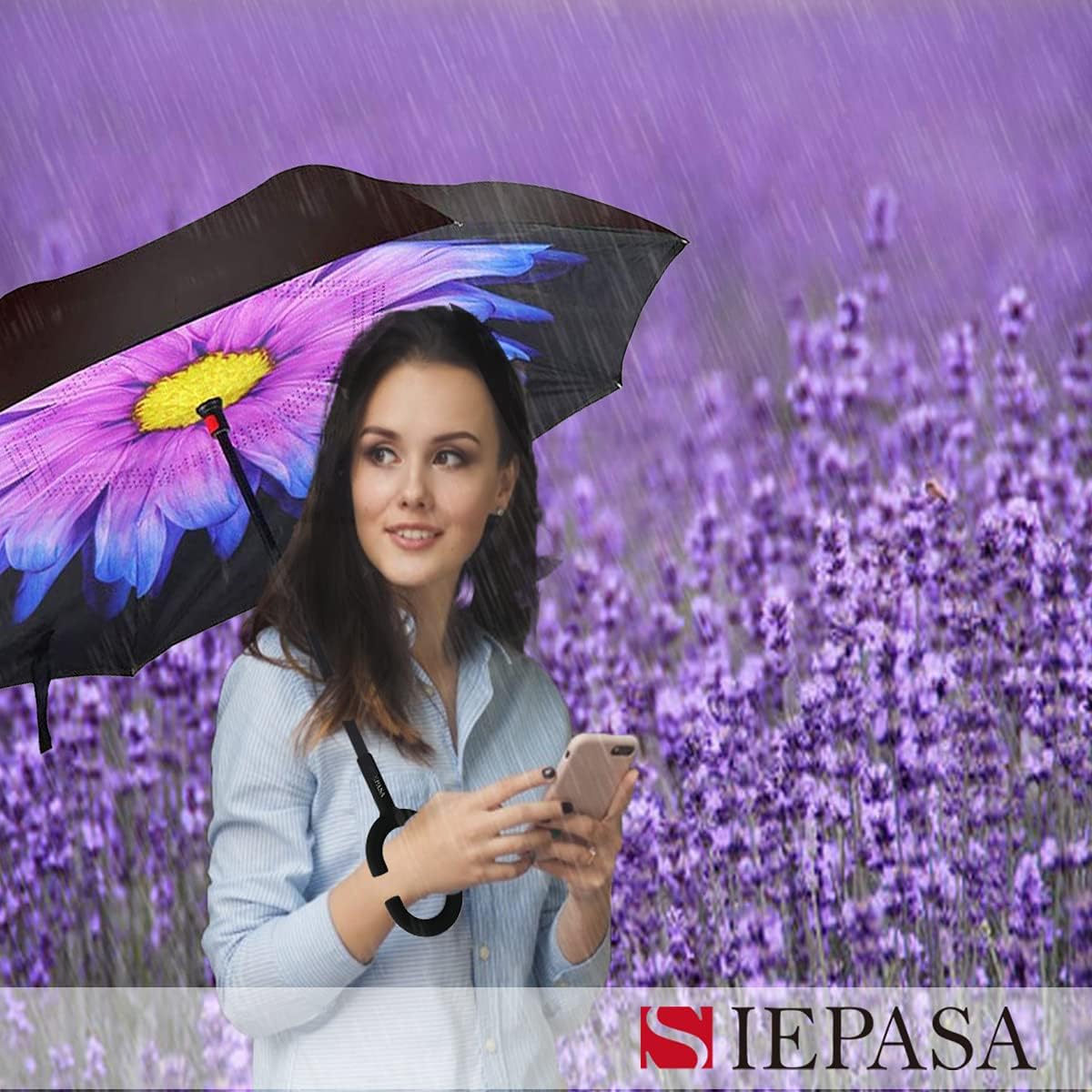 SIEPASA 49/56 Inch Inverted Reverse Upside Down Umbrella, Extra Large Double Canopy Vented Windproof Waterproof Stick Golf Umbrellas with C-shape Handle.