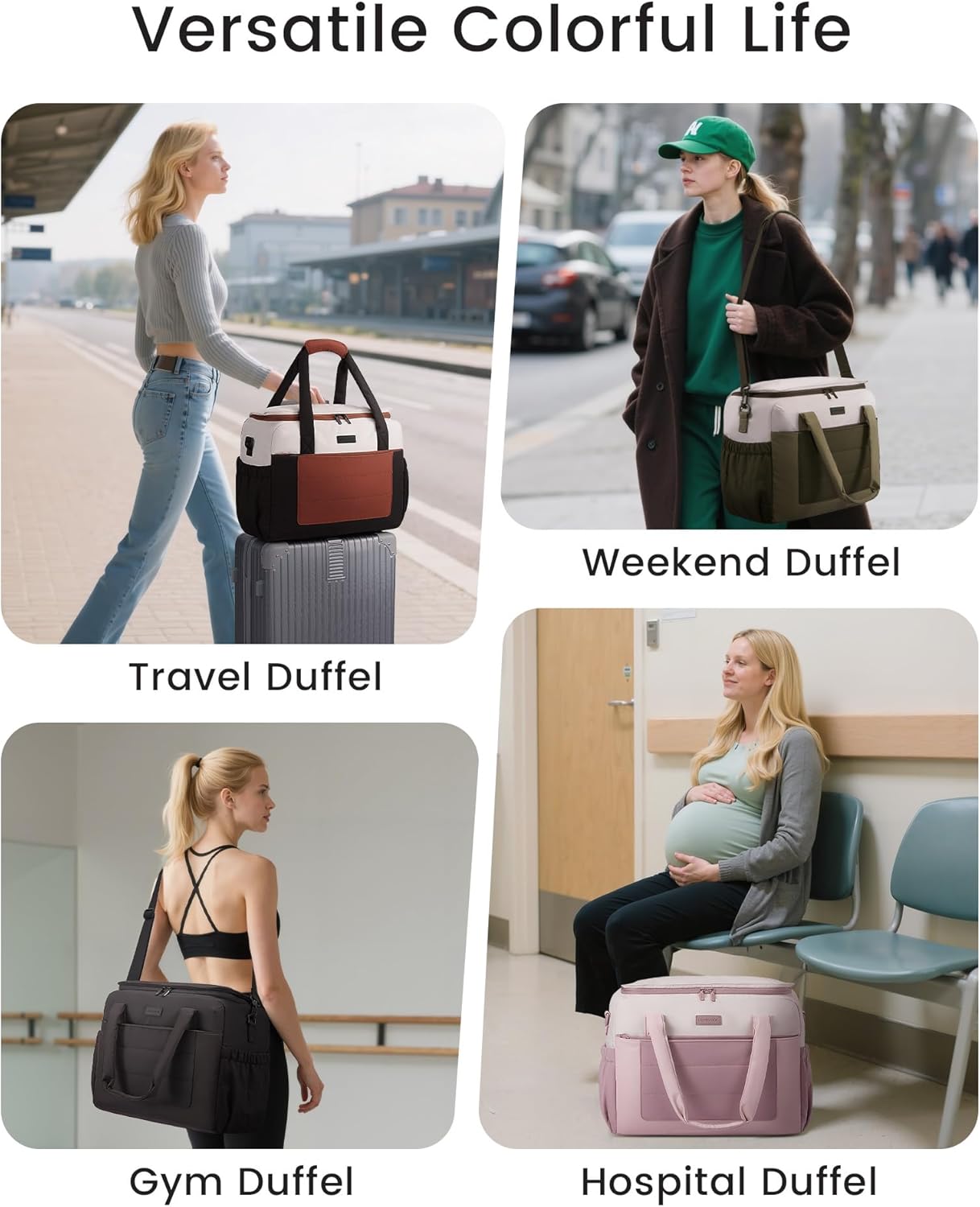 LOVEVOOK Weekender Bags for Women,Carry on Duffle Bag for Travel, Water-resistant Gym Bag with Wet Pocket,Overnight Travel Bags(Black White Brown, L)
