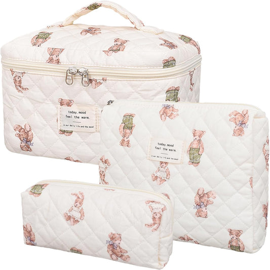 Quilted Makeup Bag,Large Cosmetics Bag Set,Cotton Coquette Floral Make up Pouch,Travel Toiletry Bag for Women
