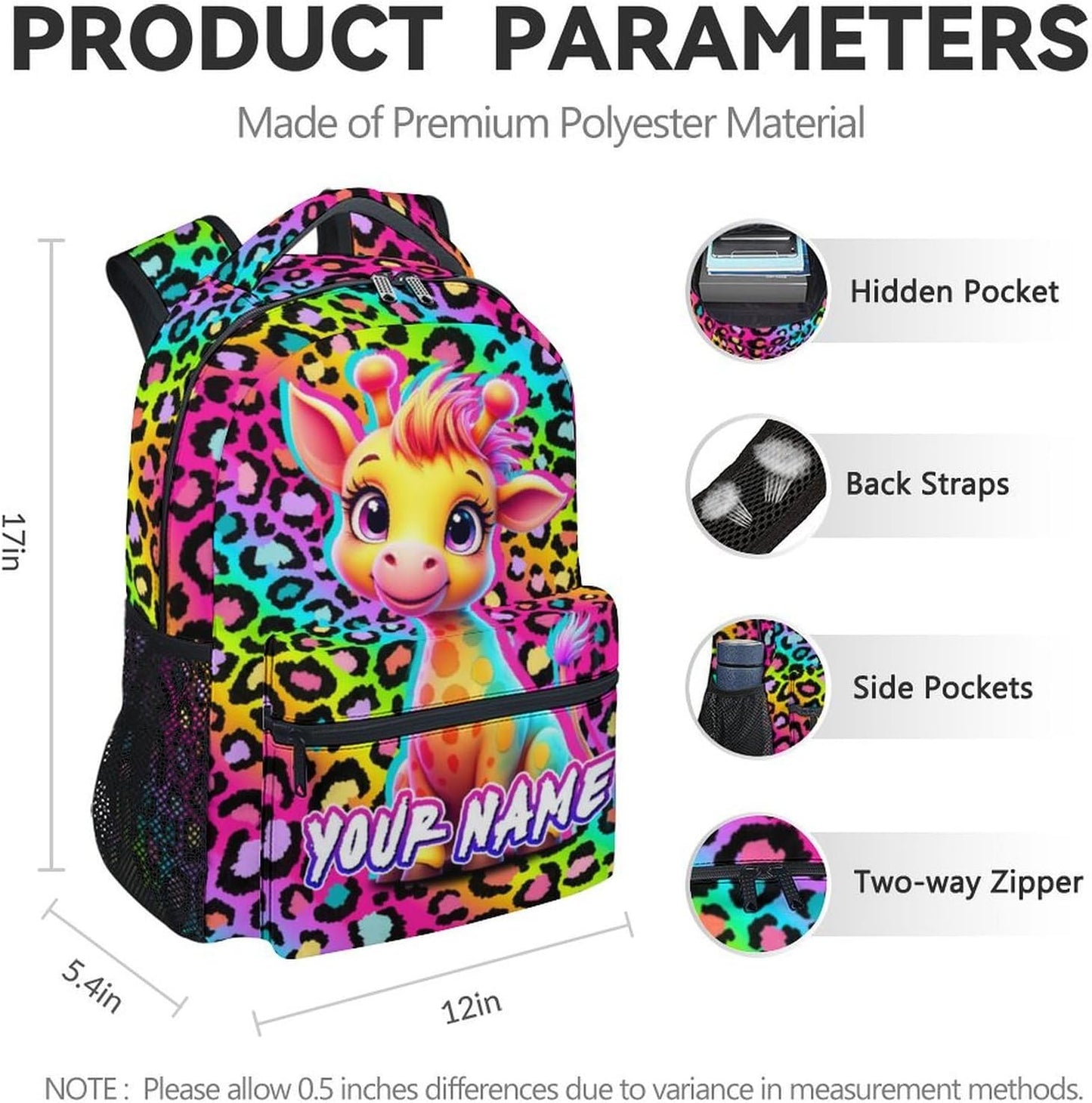 Custom Giraffe Backpack for Girls - 17 Inch Cute Kids Backpack with Adjustable Straps for