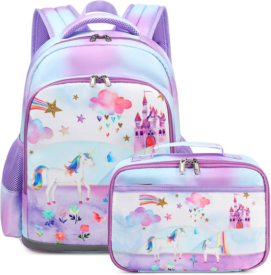Octsky Backpack for Girls Kids School Backpacks with Lunch Box Preschool Kindergarten BookBag Set With Chest Strap (Castle Unicorn Purple)