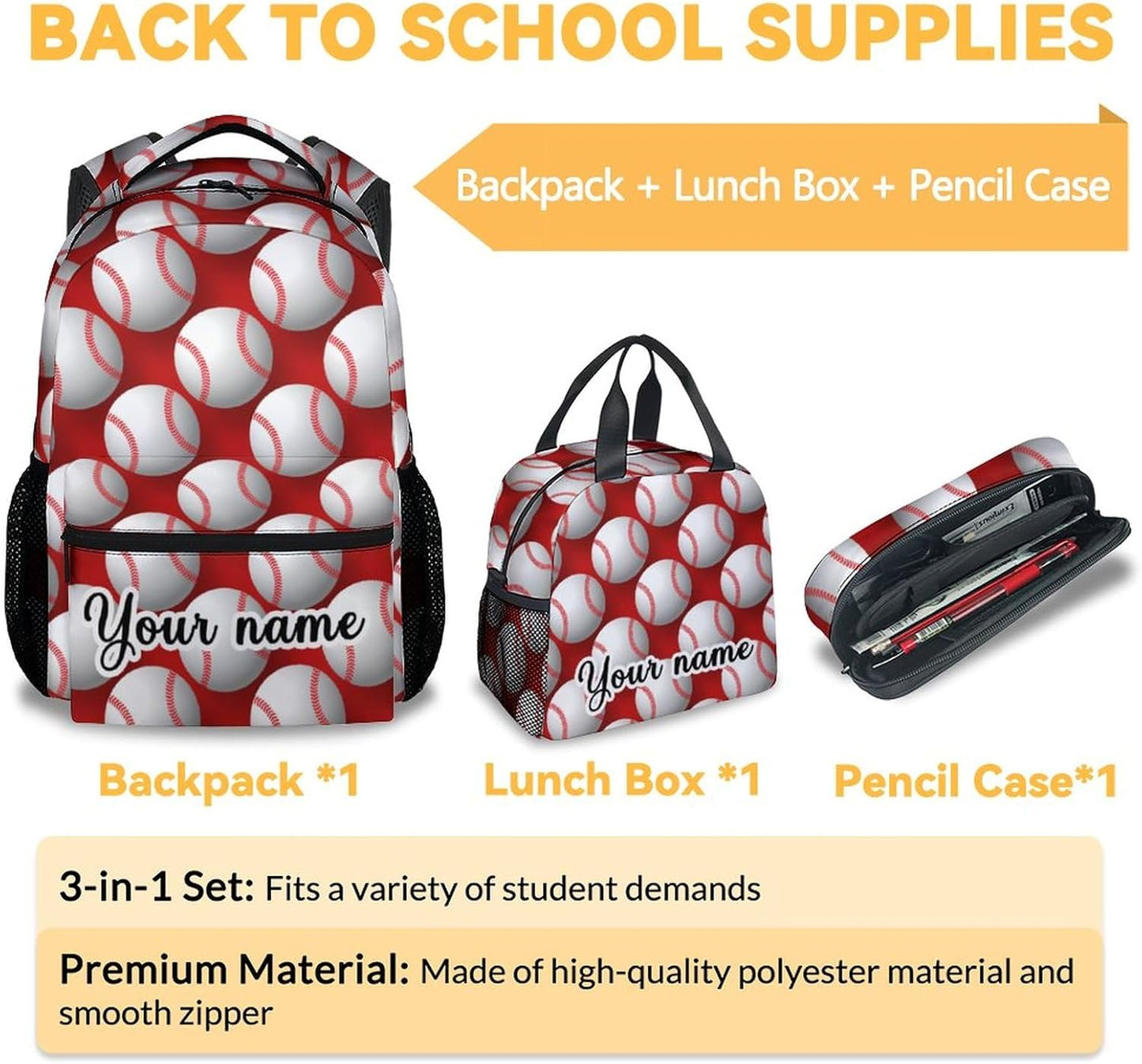 Personalized Baseball Backpack with Lunch Box Set for Boys, 3 in 1 School Backpacks Matching Combo, Sports White Bookbag and Pencil Case Bundle