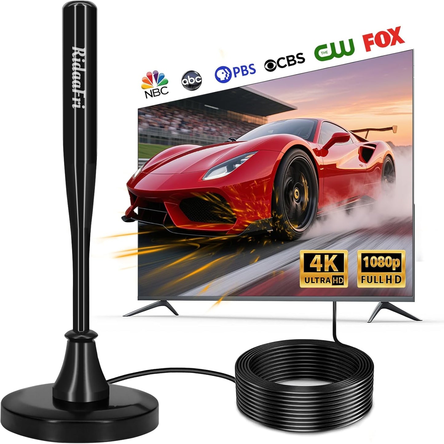 RidaaFri TV Antenna for Smart TV Indoor, HD Digital Antenna with Strong Magnetic Base, 360° Rotation for Enhanced Reception of Local Channels in 4K 1080P, Easy Installation with 16FT Coax Cable