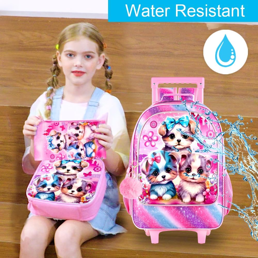 3PCS Rolling Backpack for Girls and Boys, Kids Roller Wheels Bookbag, Wheeled Elementary School Bag with Lunch Bag