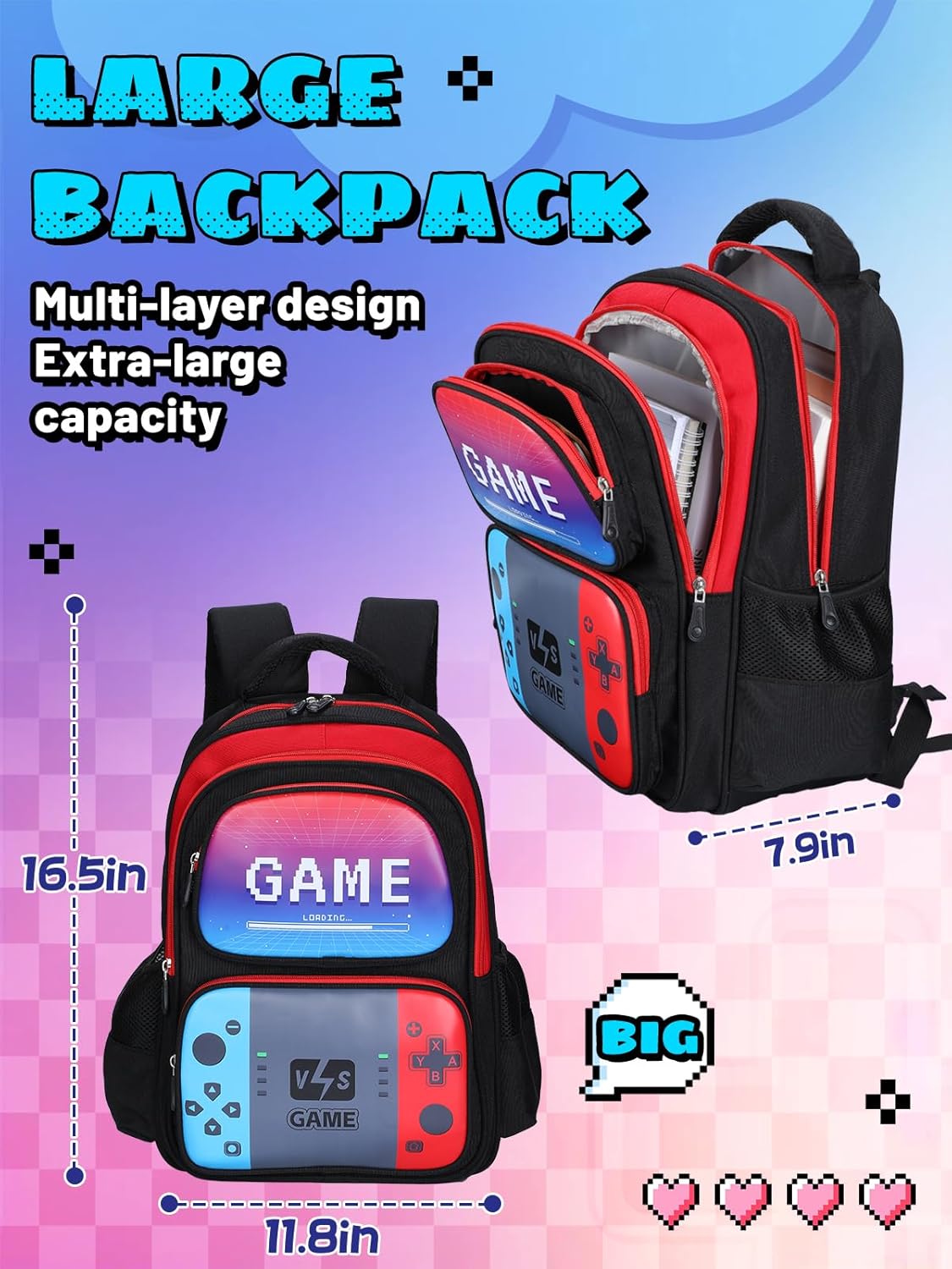 Bigmeta Large Capacity Kids Backpack for Boys - Aged 8-12 Back to School Gamer Bookbag for Elementary Middle School Teens Gifts