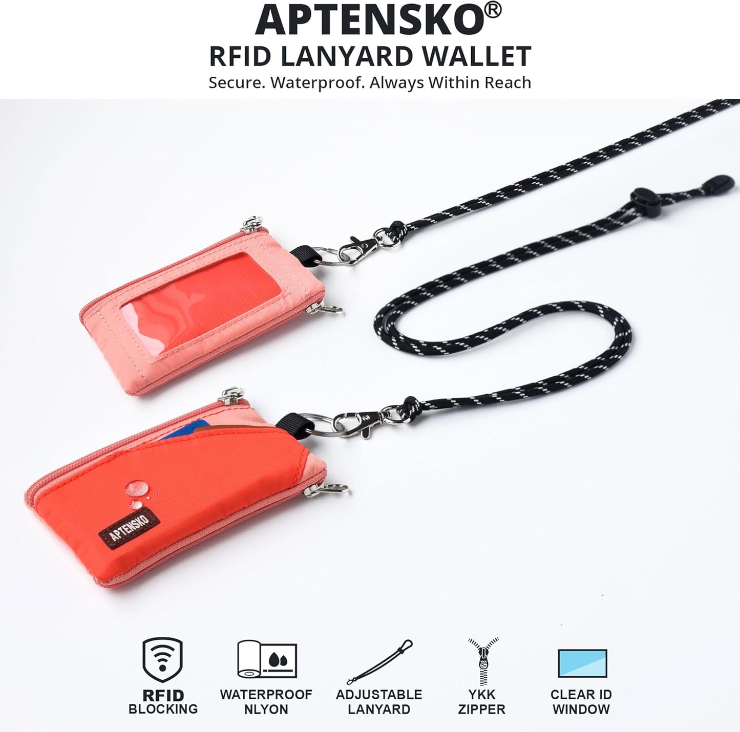 RFID Travel Wallet with Adjustable Lanyard-Zipper Small Wallet with ID Card Holder, Keychain for women&men-Minimalist Slim Waterproof Nylon case for ID, Cash, Key (BlazingOrange+CoralBlush)