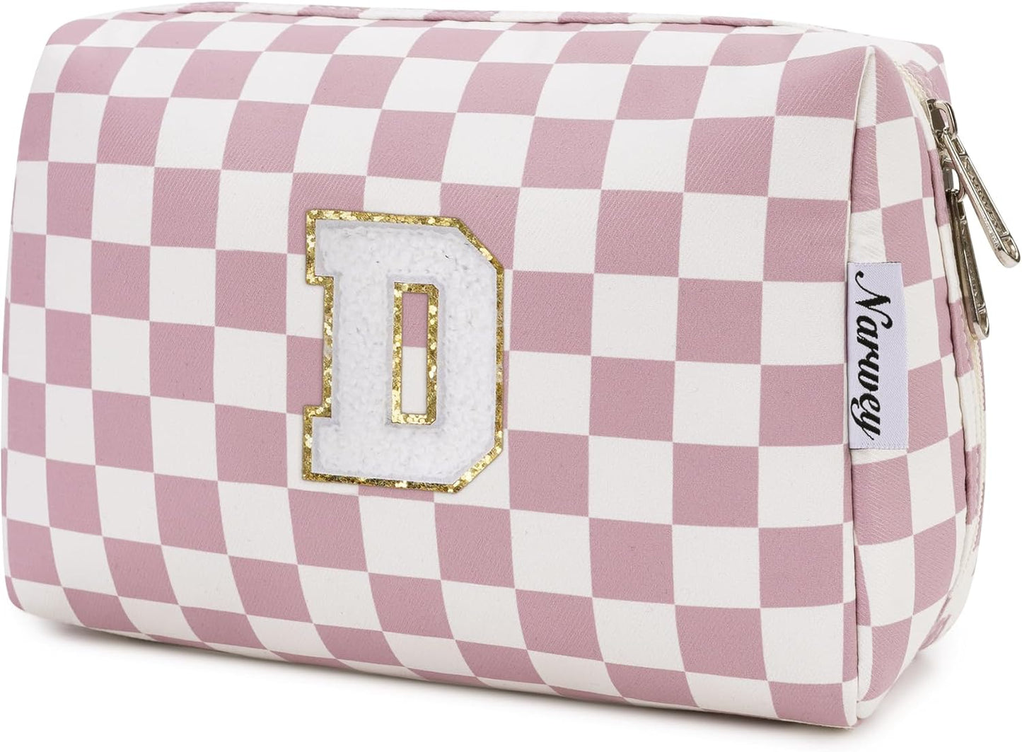 Narwey Birthday Gifts for Teen Girls Kids Women Personalized Initial Checkered Makeup Bag Pink Monogram Cosmetic Bag Trendy Stuff 6 8 10 11 12 13 14 16 18 Years Old Travel Toiletry Bag (Dusty Rose D)