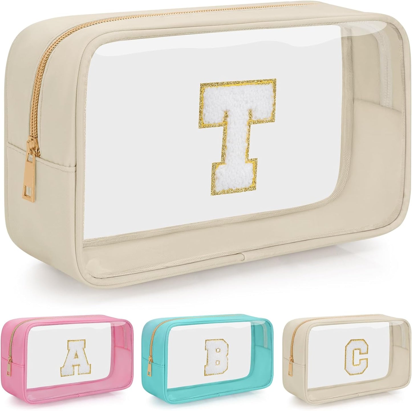 Personalized Initial Clear Makeup Bag, Travel Chenille Patch Cosmetic Bag, Preppy Toiletry Bag Monogram Cosmetic Pouch with Zipper, Ideal Gift for Teen Girls Women (Clear-Beige, T)