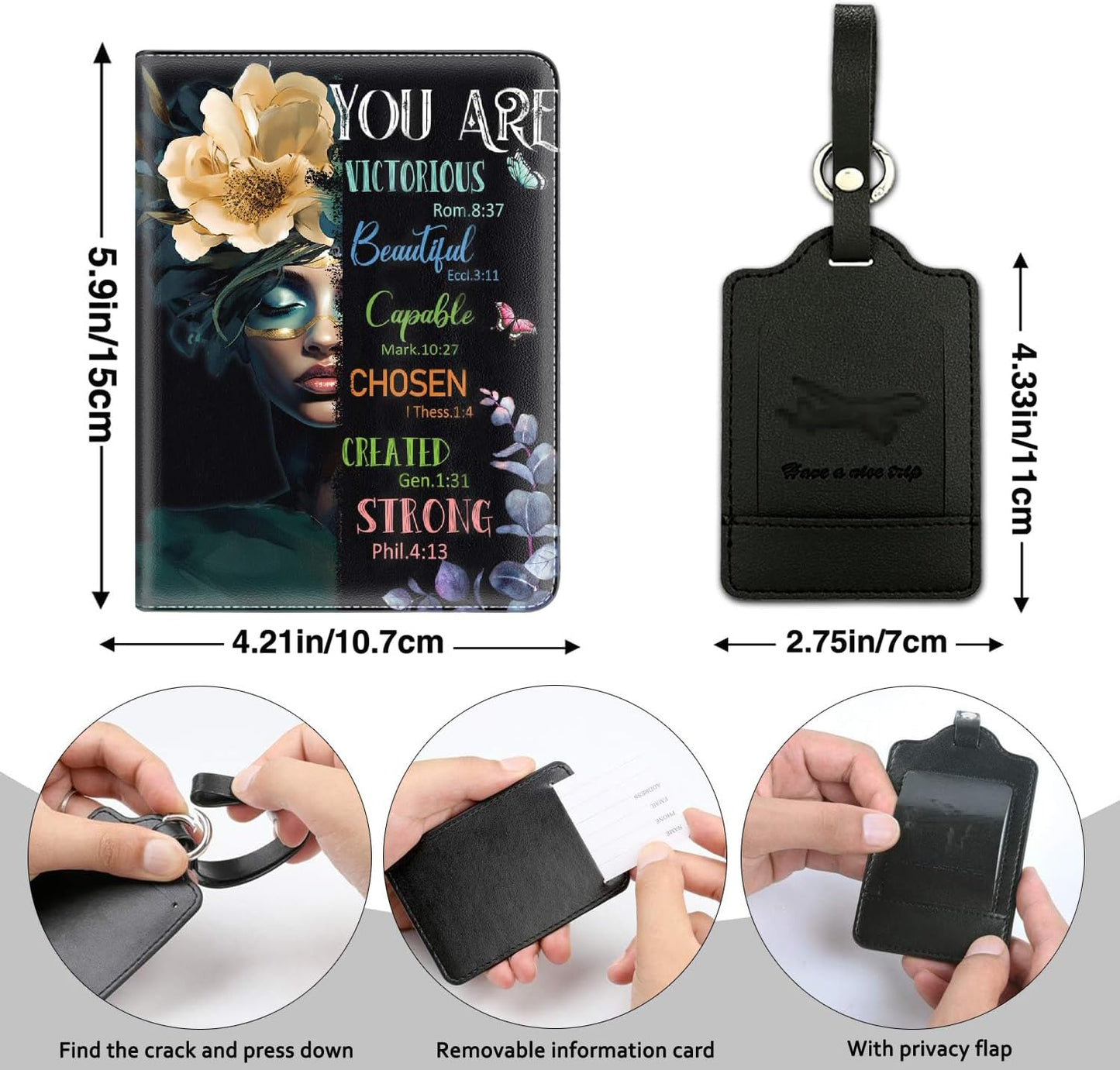 Passport Holder Women Wallet with Luggage Tag, Leather Passport Cover with RFID Blocking, Travel Accessories Multi Card Slot Passport Case for Men，African Girl Inspirational Quotes Flowers