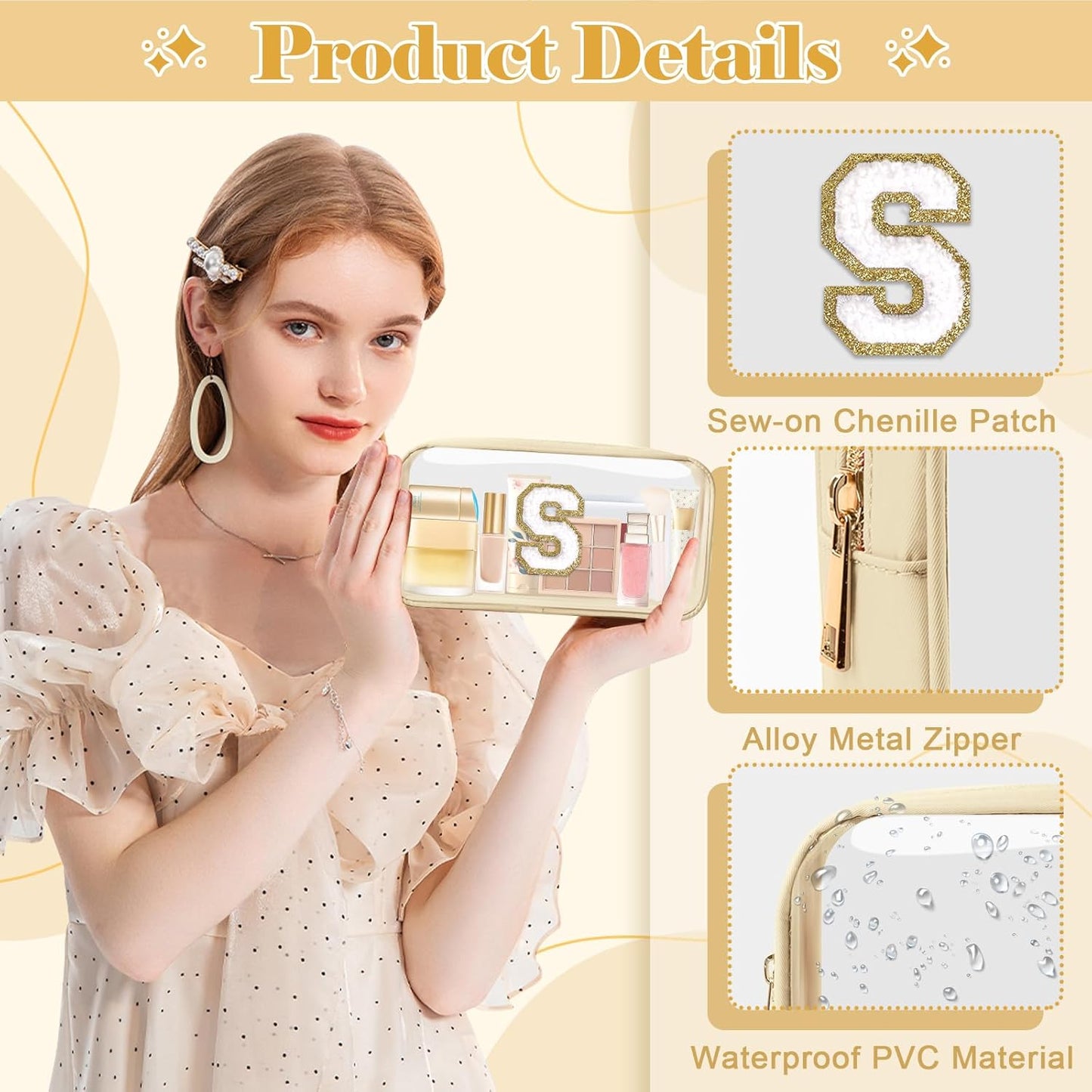 Personalized Initial Letter Clear Makeup Bag,Preppy Small Nylon&PVC Cosmetic Zipper Bag with Chenille Letter,Portable Beach Travel Skincare Toiletry Bag,Trendy Monogram Gift for Teen Girls Women,S