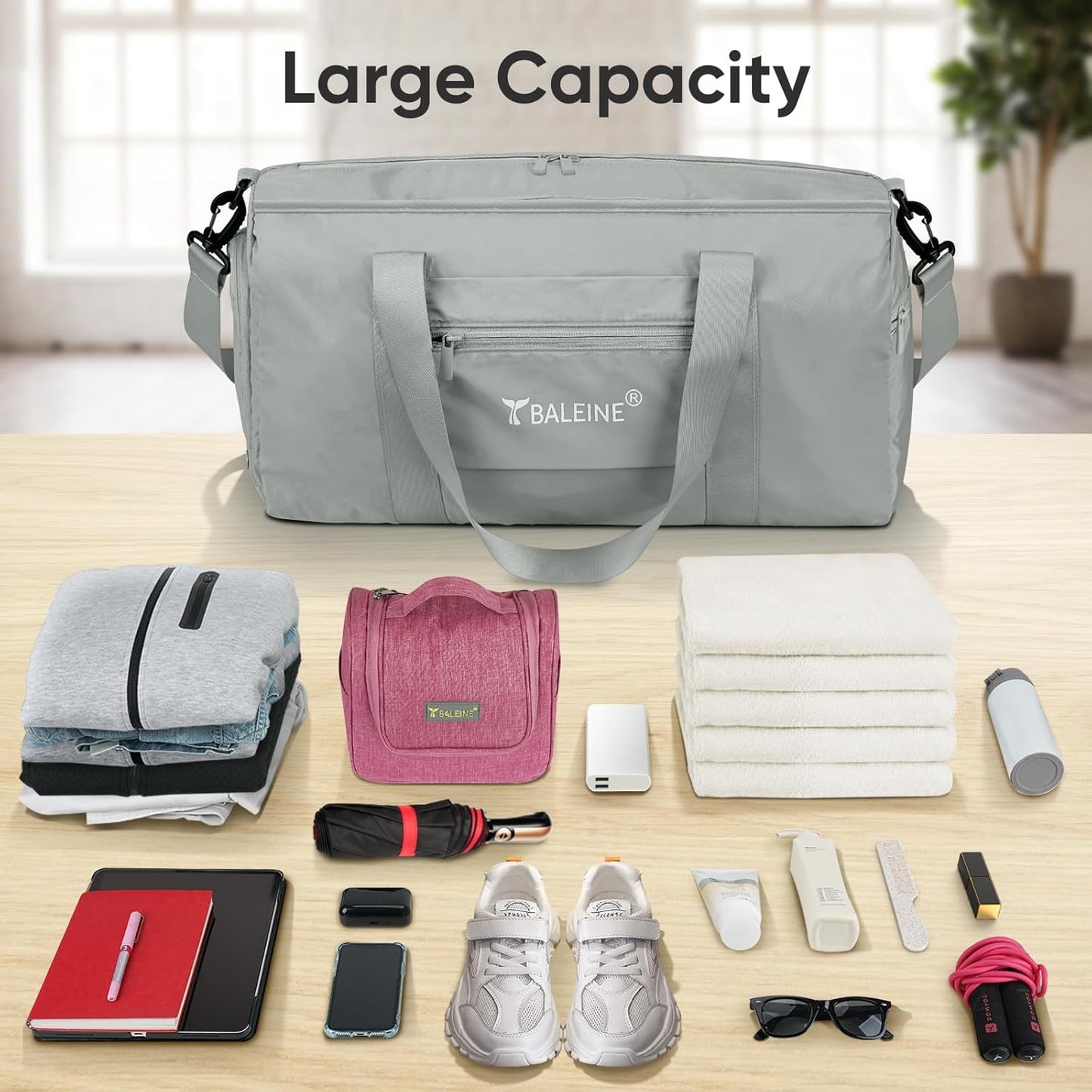 BALEINE Gym Bag for Women and Men, Duffel Bag for Sports, Gyms and Weekend Getaway, Waterproof Dufflebag with Shoe and Wet Clothes Compartments, Lightweight Carryon Gymbag (Silver)