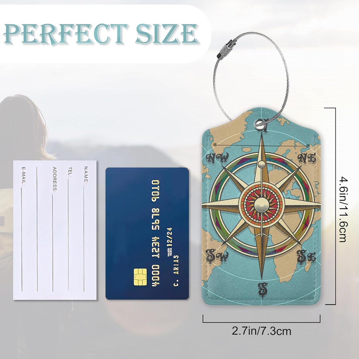 Luggage Tags for Suitcase,2 Pack Nautical Compass Luggage Tag World Map Leather Privacy Cover ID Label with Stainless Steel Loop for Women Men Kids Girls Travel