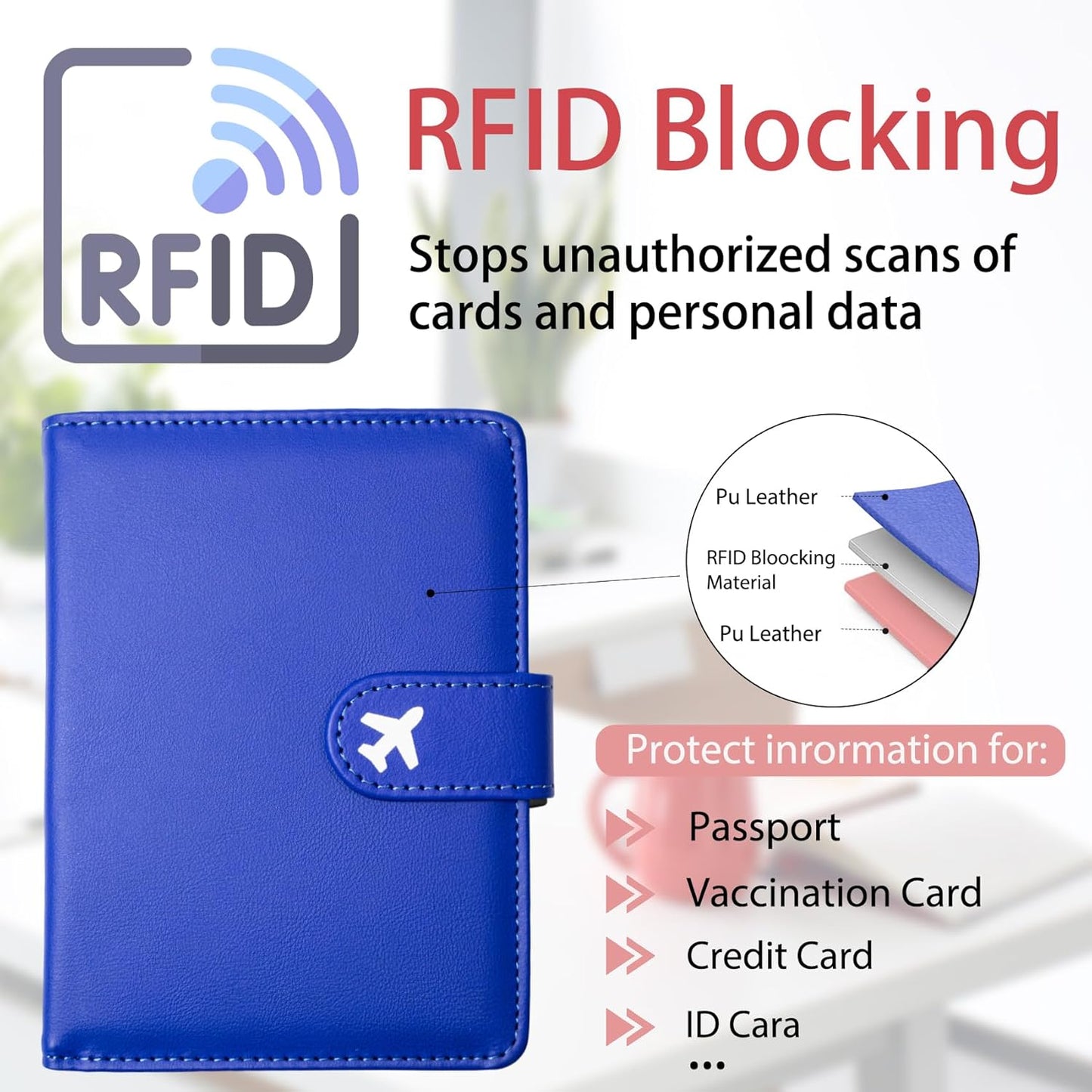 Passport Holder, Travel Wallet Cover with Pen Loop | Cute RFID Blocking Leather Case with Magnetic Closure for Travel Essentials-Blue