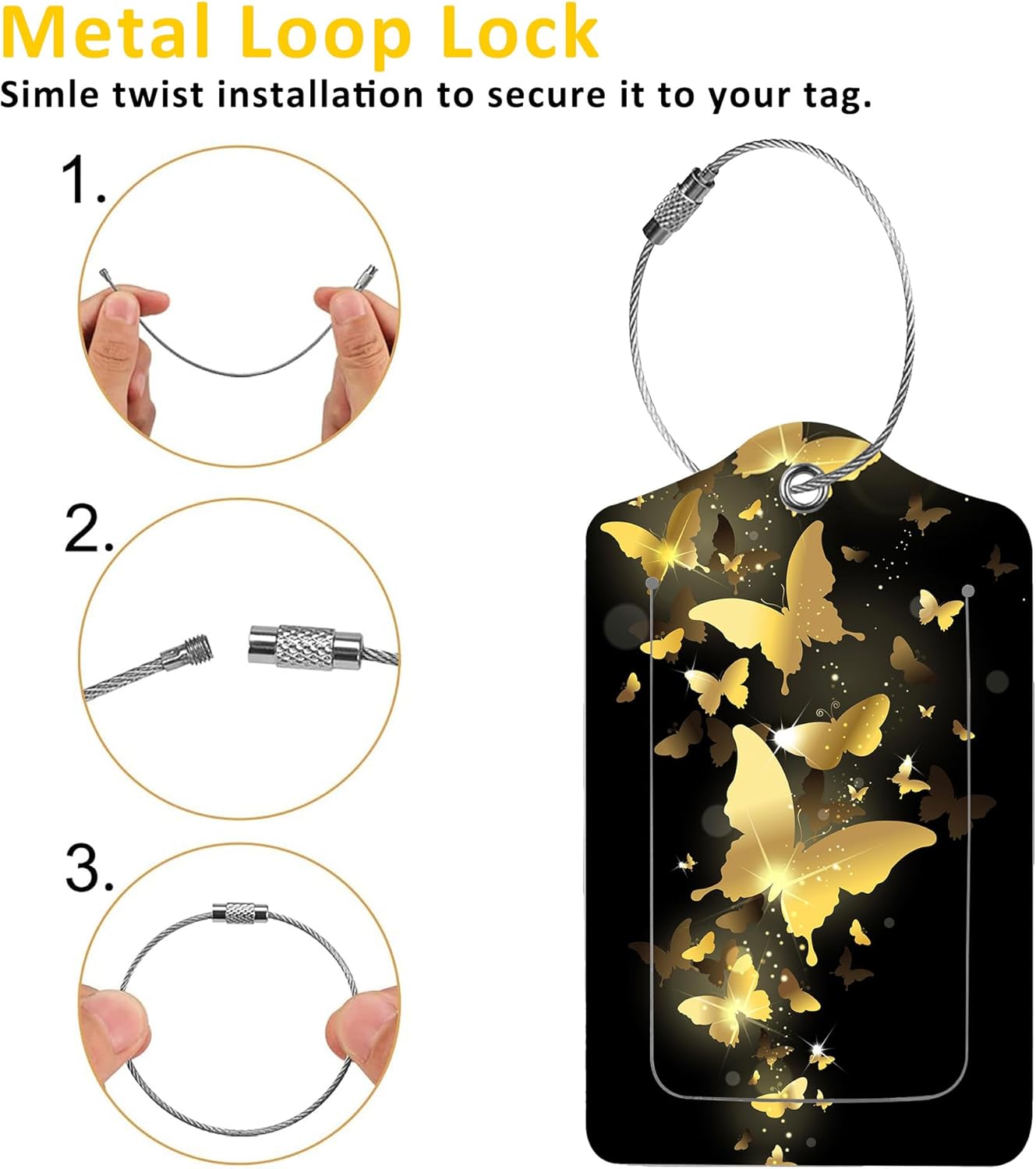 2 Pack Luggage Tags for Suitcases,Fireworks of Gold Butterflies Luggage Tag,PU Leather Id Label Luggage Tags with Stainless Steel Loop and Privacy Cover for Women Men Teens Travel