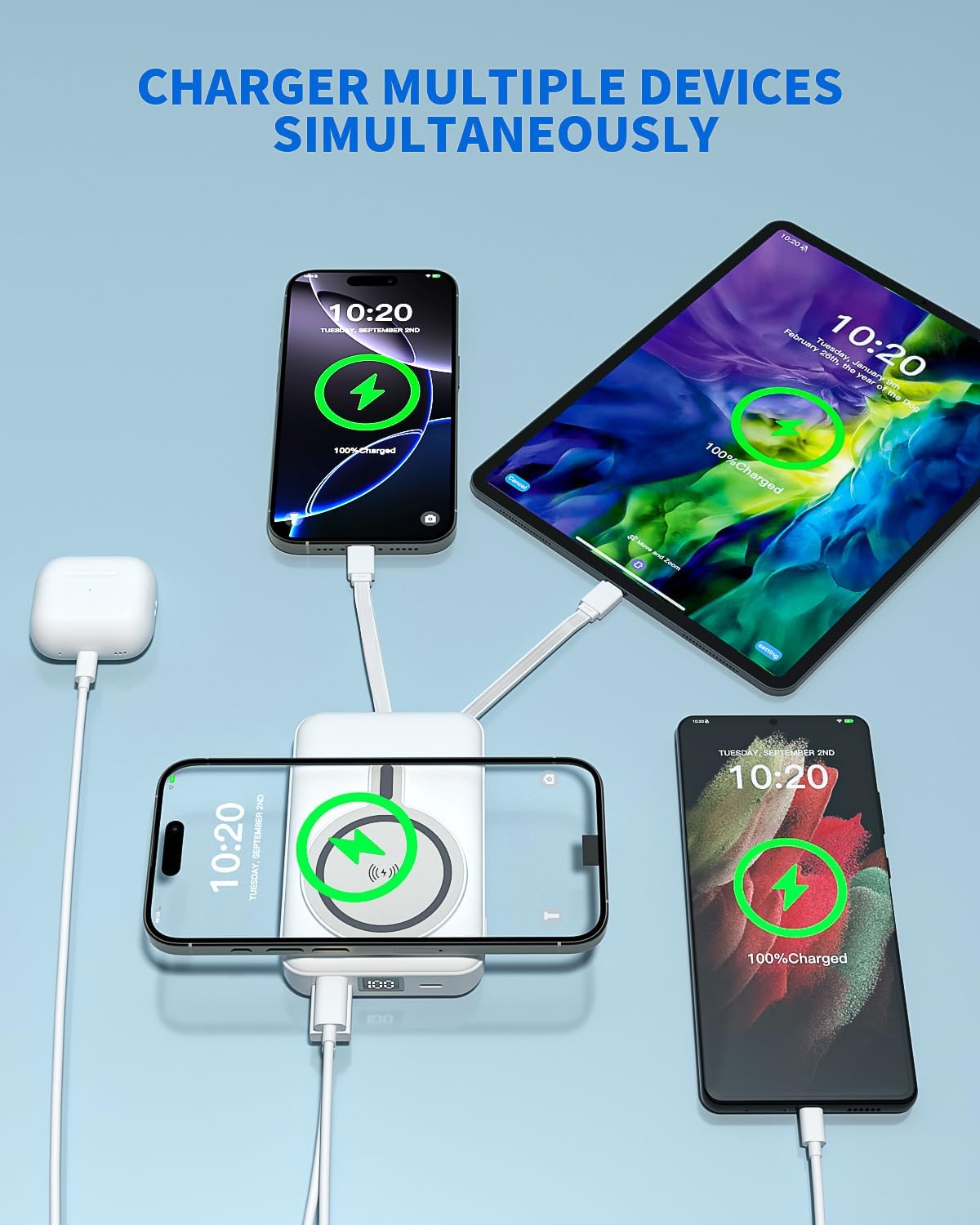 Magnetic Portable Charger, 10000mAh Multi-port Wireless Power Bank, 22.5W Mag Safe Battery Pack, Stand Portable Charger Built in Cables Compatible with iPhone 17/17 Air/17Pro/16/15/14/13,Samsung White