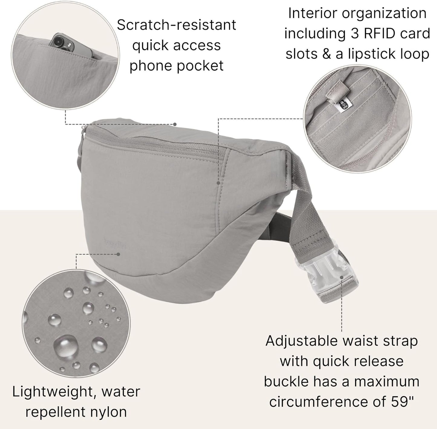 Baggallini Style Swift Belt Bag Sling Bag - Lightweight 12"x7" Crossbody Bag Fanny Pack Belt w/RFID and Adjustable Strap