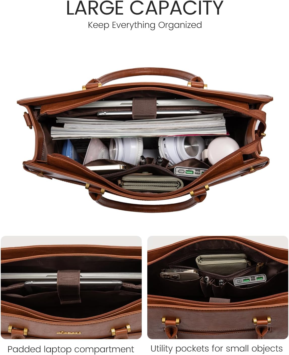 LOVEVOOK 17 Inch Laptop Tote Bag For Women Teacher Work Bag, Leather Computer Bags For Laptops For Women, Vintage Waterproof Laptop Bag Business Briefcase Office Large Shoulder Handbag Purse, Brown