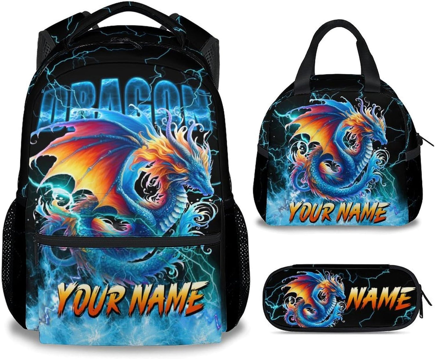 School Backpack Set, Dragon Backpacks for Boys, Personalized Bookbag with Name, 17 Inch Custom