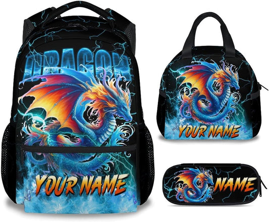 School Backpack Set, Dragon Backpacks for Boys, Personalized Bookbag with Name, 17 Inch Custom Toddler Bookbags with Lunch Box and Pencil Case