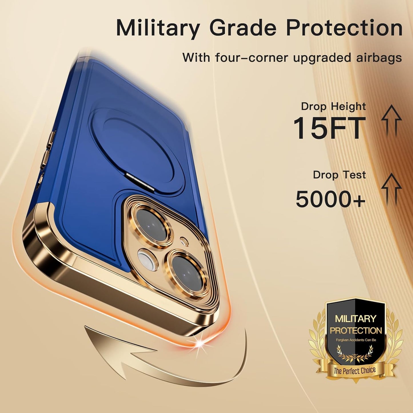 COOLQO for iPhone 14 Case 6.1'' Upgraded 360° Spin Magnetic Stand [Compatible with Magsafe][Military Grade Drop Protection] Shockproof Protective Phone Holder Cover for iPhone 14, Blue Gold