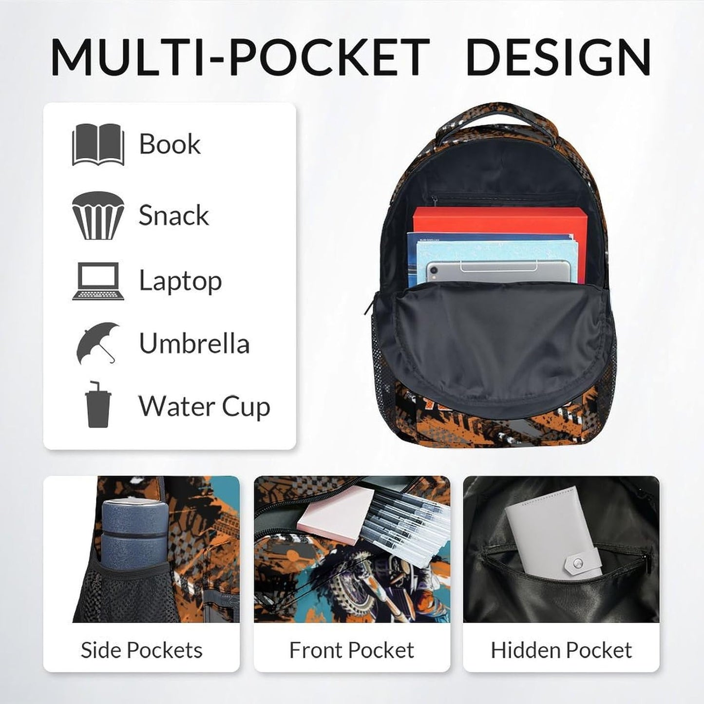 Backpack and Lunch Box - Custom Cool Motorcycle Backpacks with Lunch Bag for Kids Boys - 17 Inch 3 in 1 Bookbag Set for School, Travel