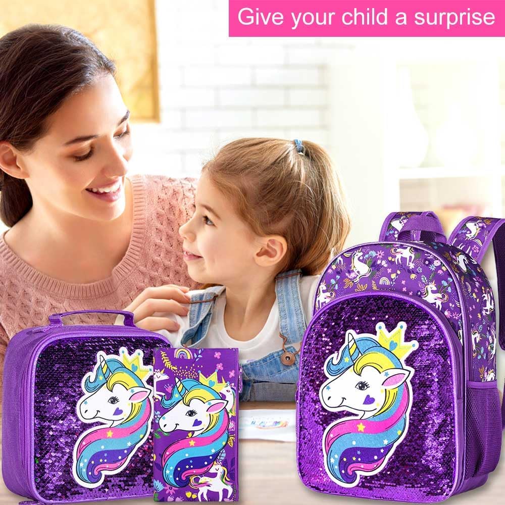 3PCS Kids Backpacks for Girls, 16" Little Kid Preschool School Bookbag and Lunch Box - Unicorn/Mermaid/Flamingo