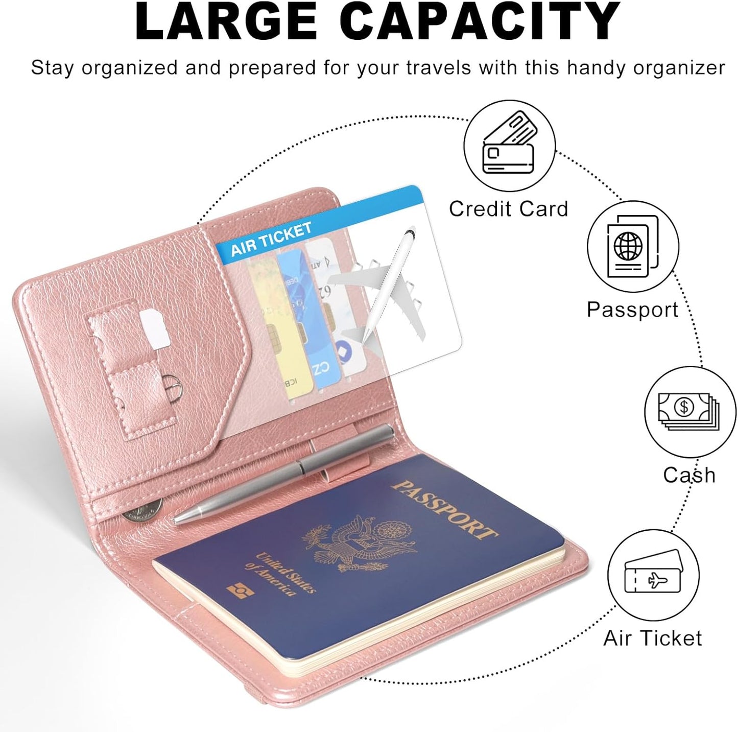 ACdream RFID BLOCKING Passport Holder Travel Wallet, Premium PU Leather Cover Passport Book with Card Holder, Pen Holder, Keep Organization, and Travel Essentials for Women and Men, Rose Gold