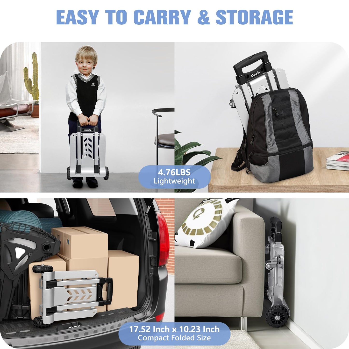 KEDSUM 270LBS Utility Luggage Cart with 4 Wheels, 100% Aluminum Hand Truck Dolly, Folding Hand