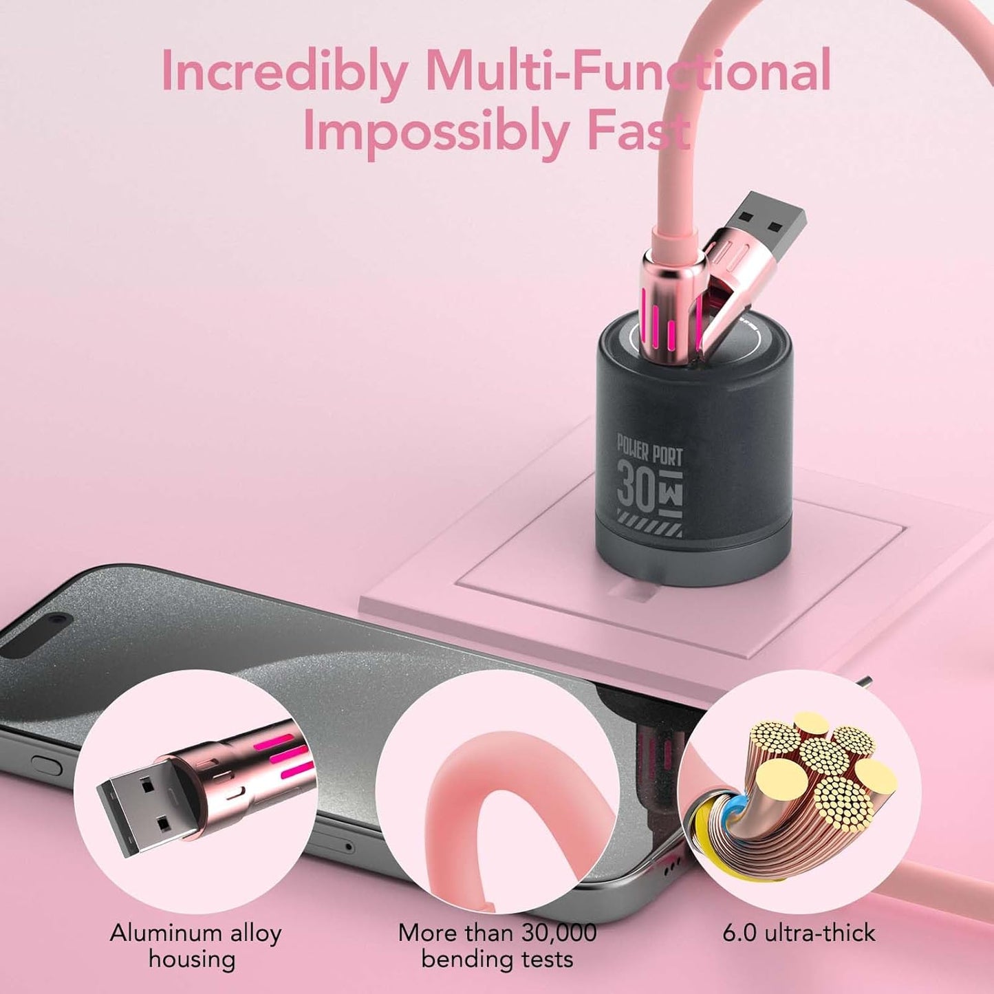 MFish 4-in-1 Universal USB Charging Cable with Carrying Case – 240W Max Fast Charger Cord, USB-A, Dual USB-C & Lighting, for iPhone 14/15/16/17 Series, iPad & MacBook and More (Pink, 6.6Ft)
